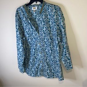Talbots tunic top Size XL button down 3/4 sleeve v neck beaded around collar